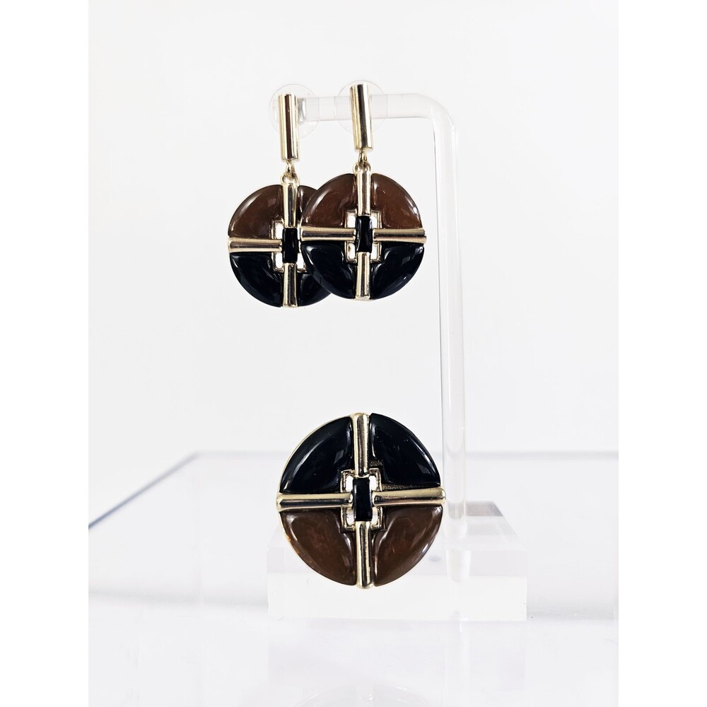 Vintage Gold Tone Black and Brown Enamel Ring and Earrings Set Costume Fashion